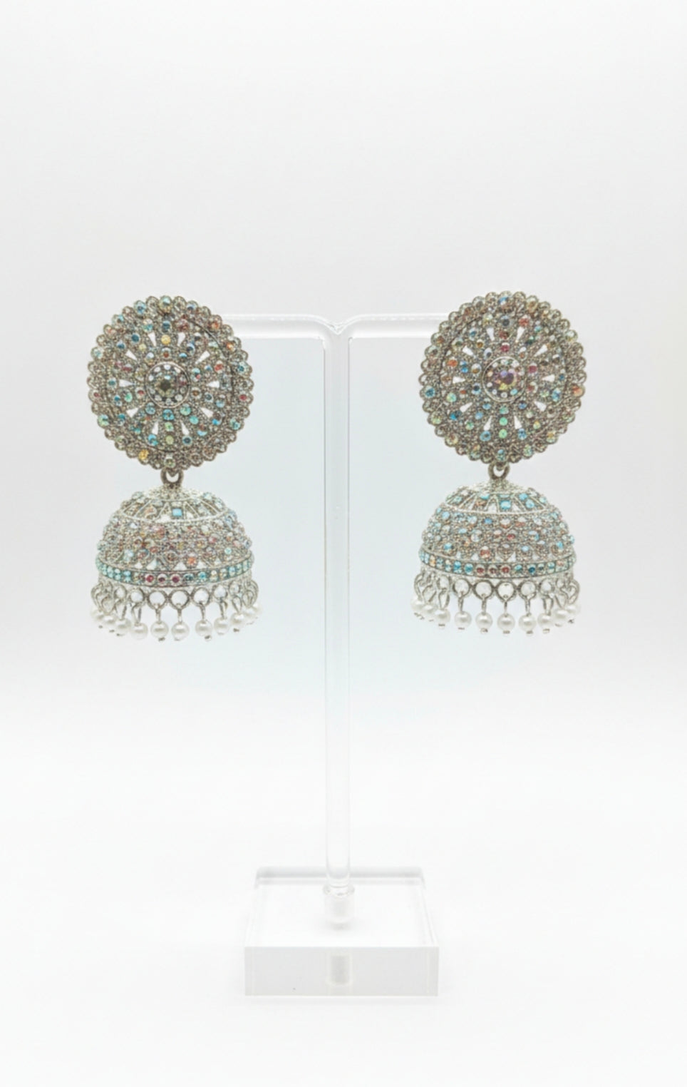Trendy White & Multi-Color Stone Jhumka Earrings with Crystal Drops